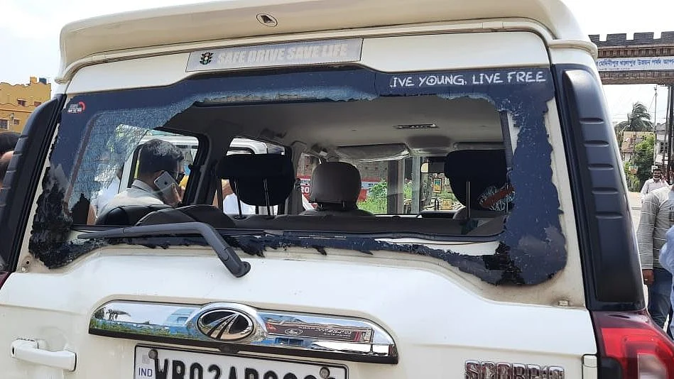 A damaged car of V Muraleedharan’s convoy.