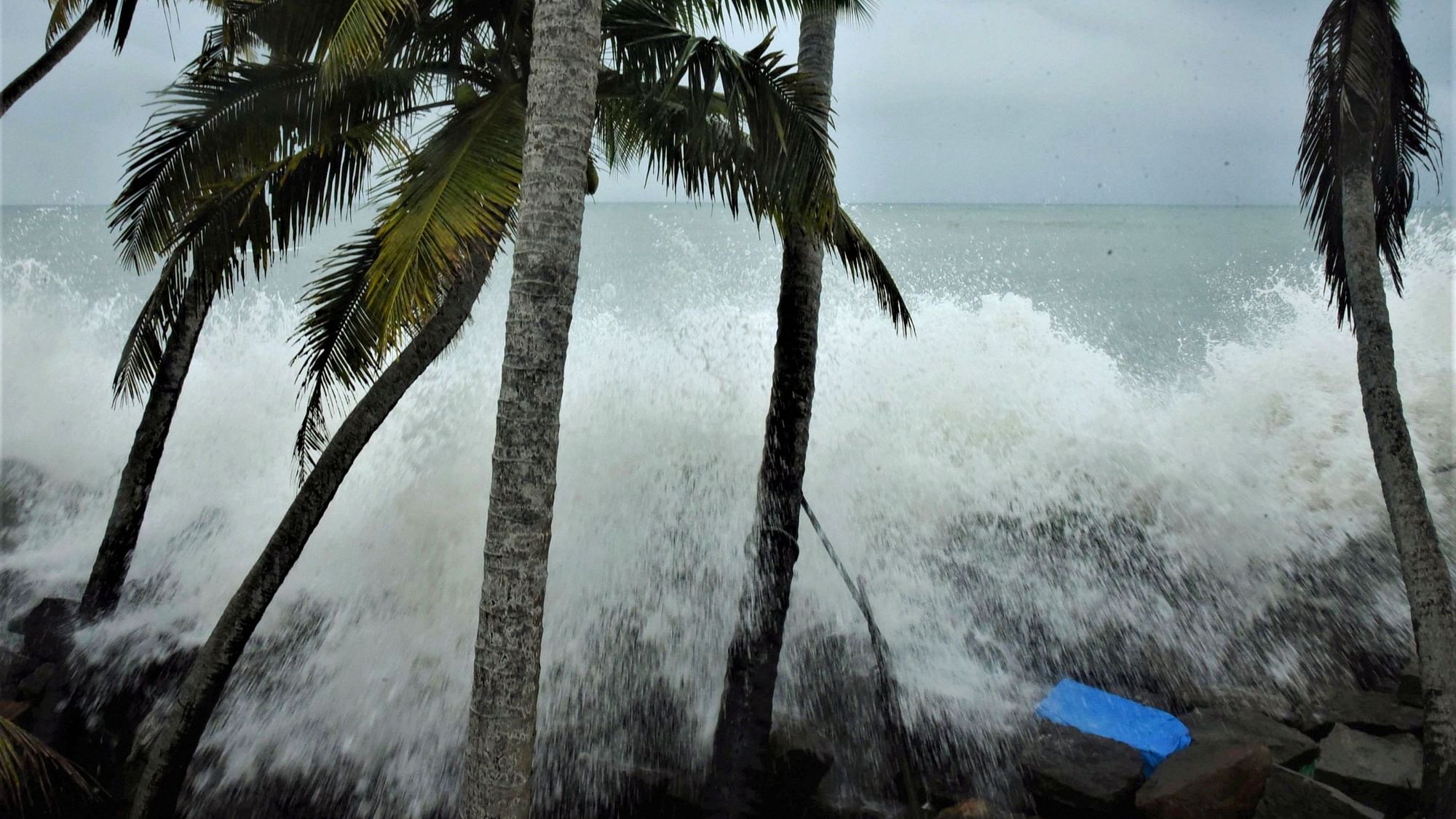 High sea waves lashing during heavy rains at a coast in Kochi.