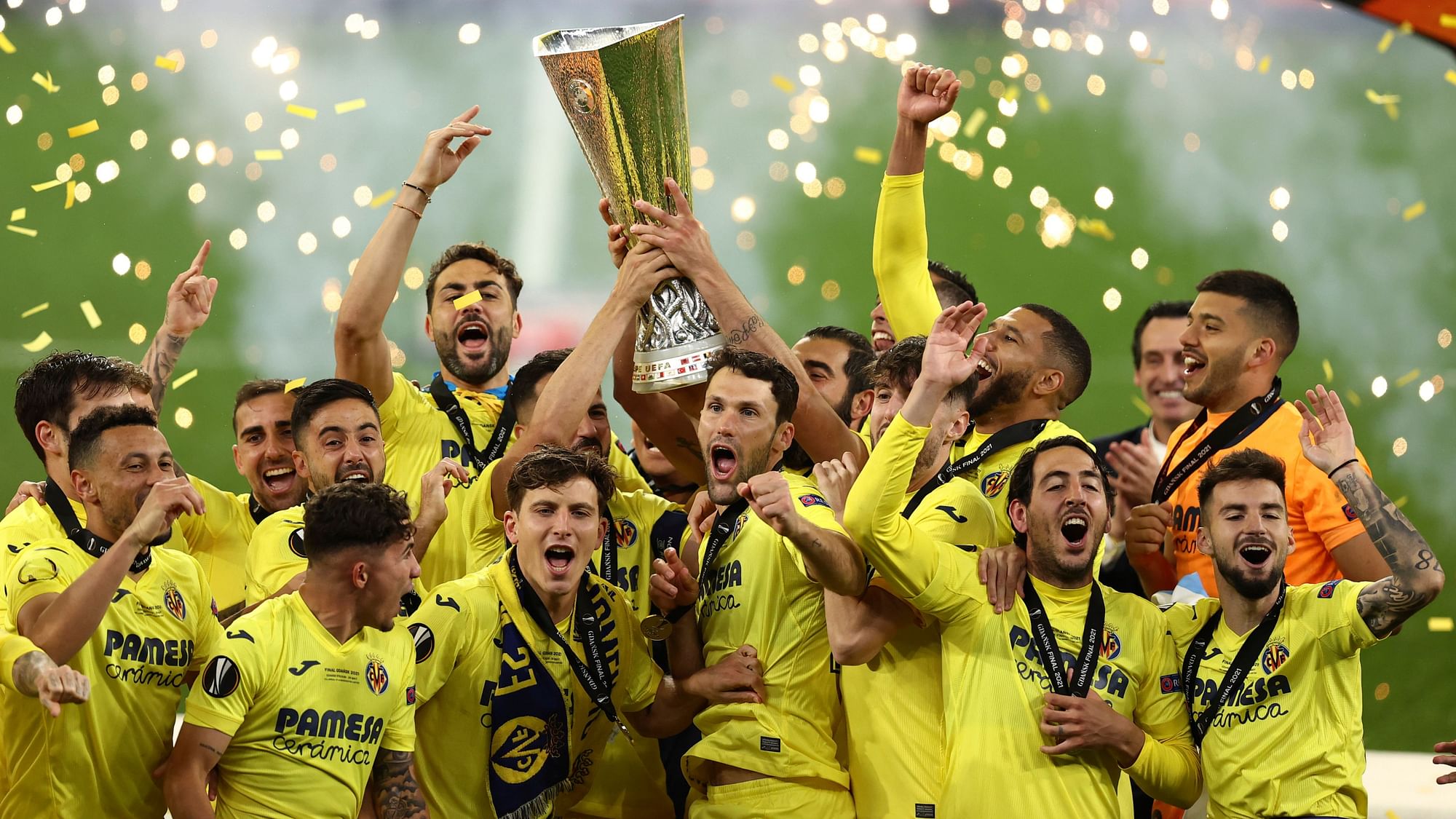 Villarreal celebrate their maiden European trophy in Gdansk.&nbsp;