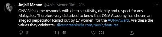 During the #MeToo movement in 2018, Vairamuthu was accused by 17 women, as Parvathy pointed out in her post. 