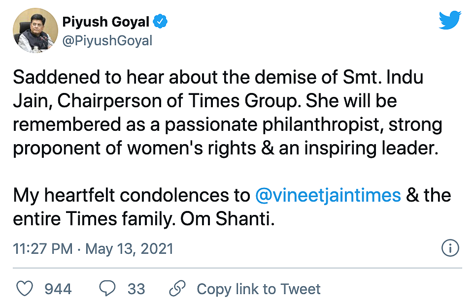Times Group Chairperson Indu Jain Passes Away, Tributes Pour In