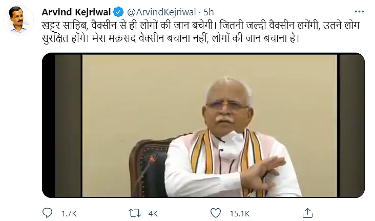 Want To Save People’s Lives, Not Vaccines: Kejriwal to Khattar