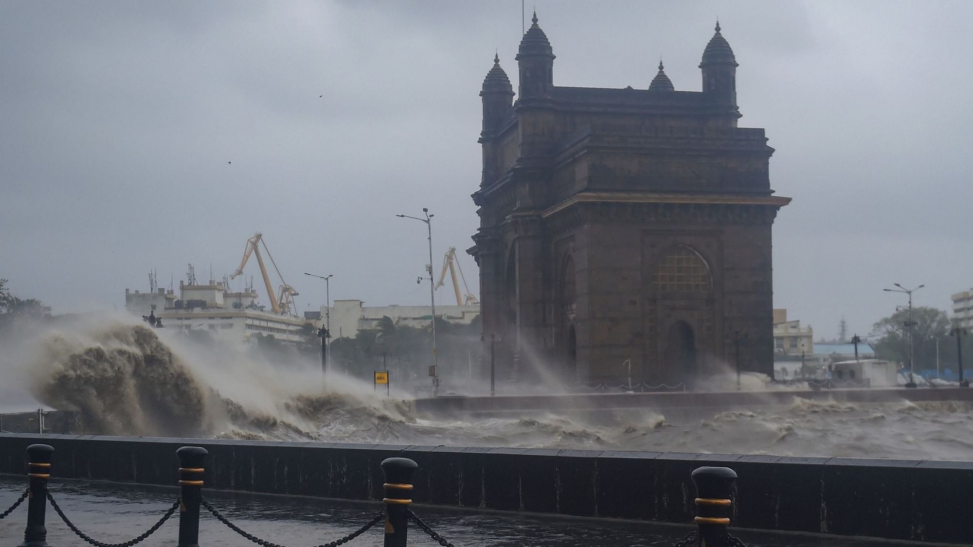 Mumbai: Strong sea waves near the Gateway of India as cyclone Tauktae approaches the coast of Mumbai, Monday.