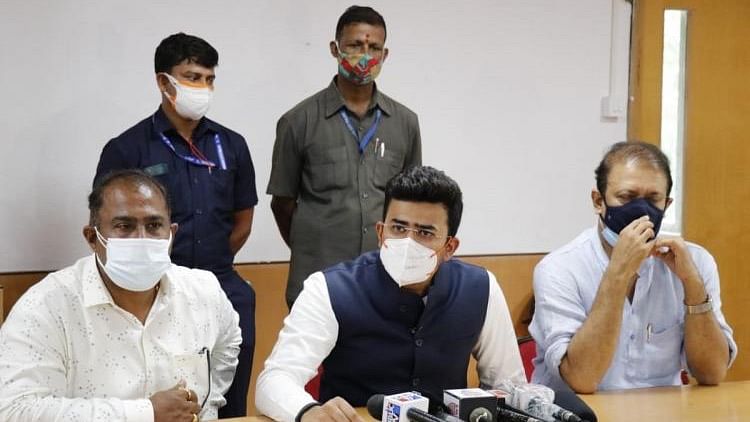 Tejasvi Surya Satish Reddy and others addressing press conference on May 4 regarding BBMP bed scam