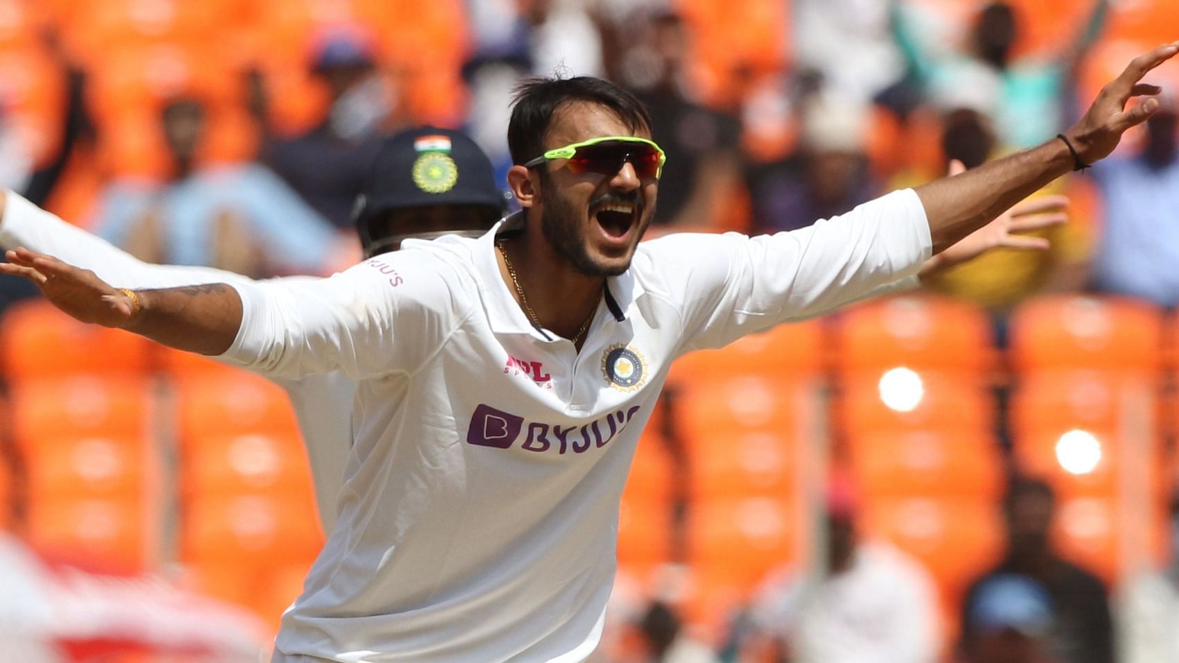 Axar Patel appeals during Day 3 of the 4th Test against England.&nbsp;