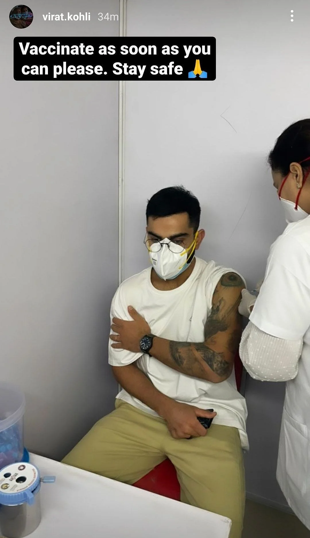 Virat Kohli takes the first shot of the COVID-19 vaccine. 