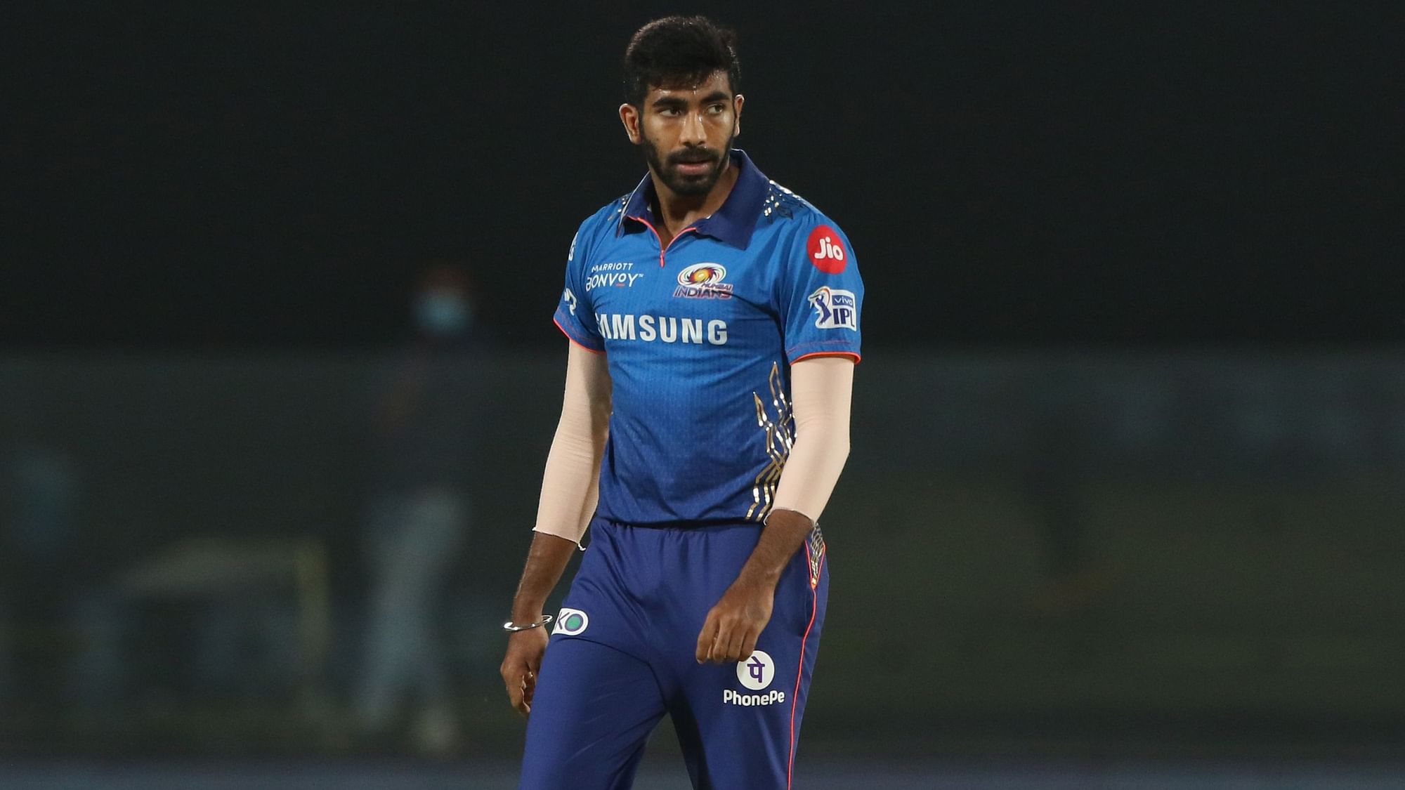 Jasprit Bumrah reacts during the CSK innings when he conceded 56 runs.&nbsp;