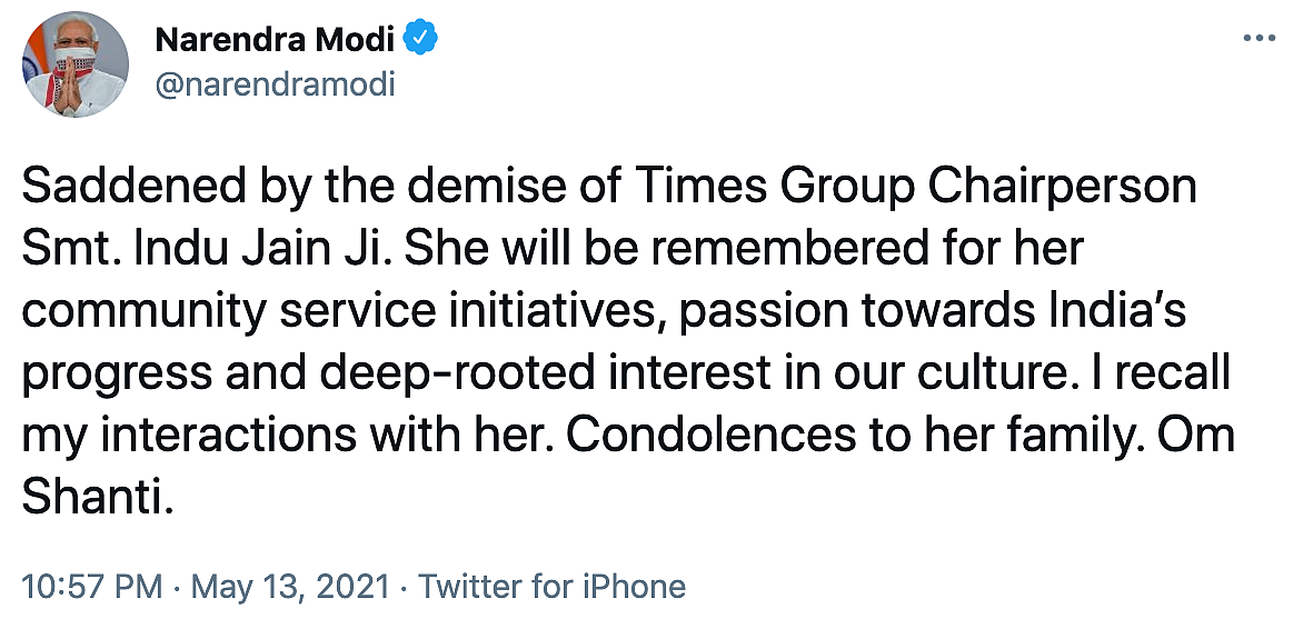 Times Group Chairperson Indu Jain Passes Away, Tributes Pour In