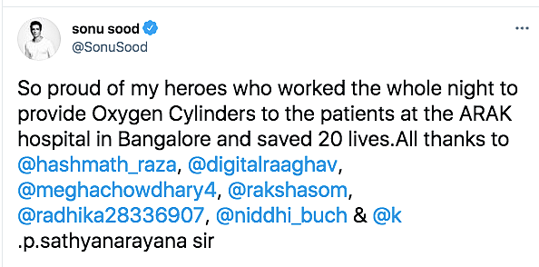 COVID: Sonu, Team Provide Oxygen to Bengaluru Hospital, Save Lives