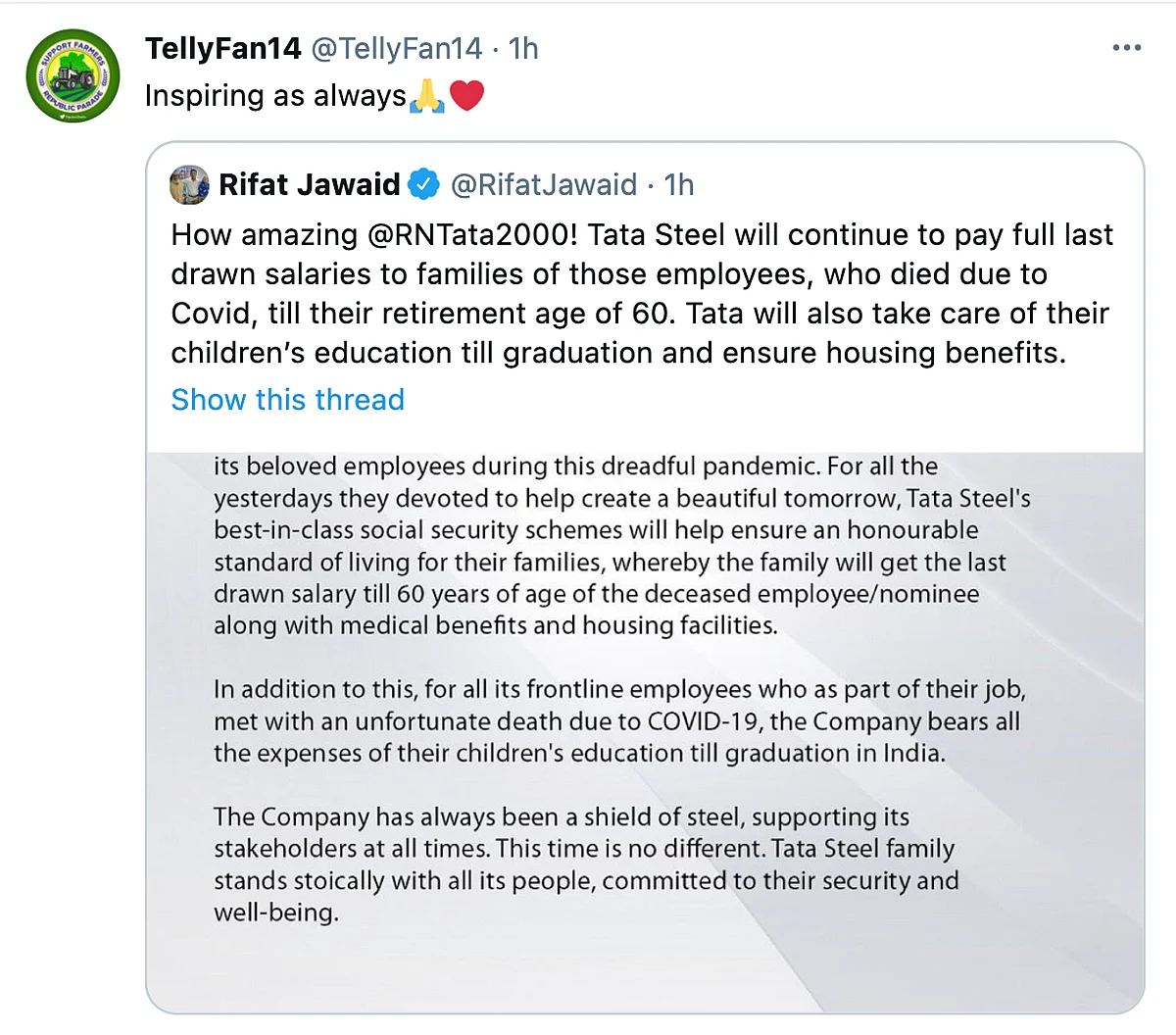 Tata Steel's New COVID-19 Healthcare Policy Wins Hearts on Twitter