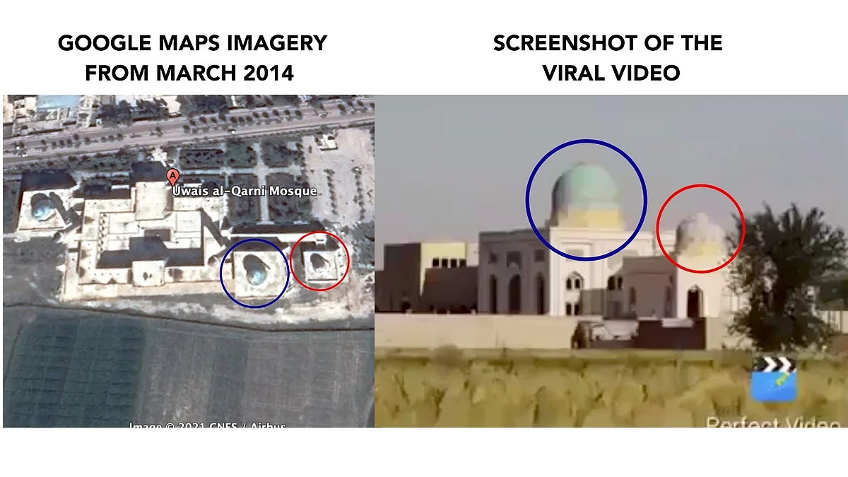 <div class="paragraphs"><p>Minarets from old Google Earth imagery (left) and the ones in the viral video (right).</p></div>