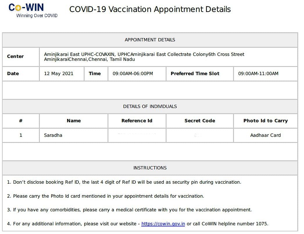 Appointment slip of Vaccine registration on 12 May