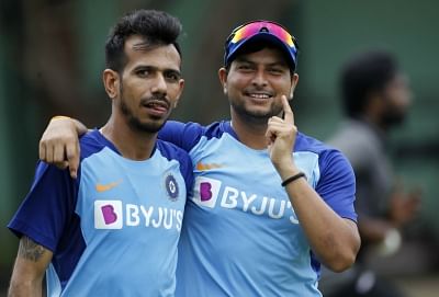 <div class="paragraphs"><p>Kuldeep Yadav and Yuzvendra Chahal during a training session for India.</p></div>