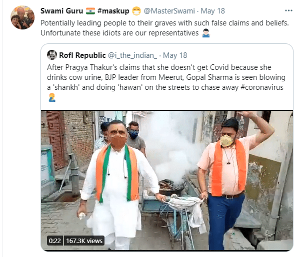 BJP leader Gopal Sharma from Meerut received flak on Twitter for his practices to supposedly end COVID-19.