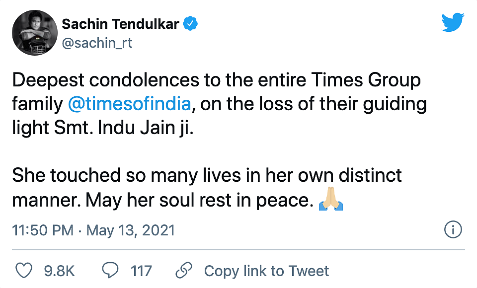 Times Group Chairperson Indu Jain Passes Away, Tributes Pour In
