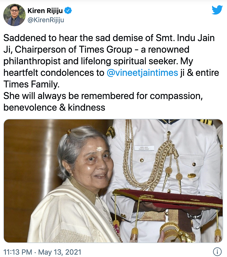 Times Group Chairperson Indu Jain Passes Away, Tributes Pour In