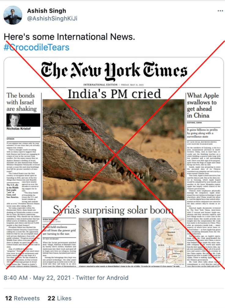 The viral image is a doctored one and NYT hadn’t carried any such image in its Friday’s international edition.