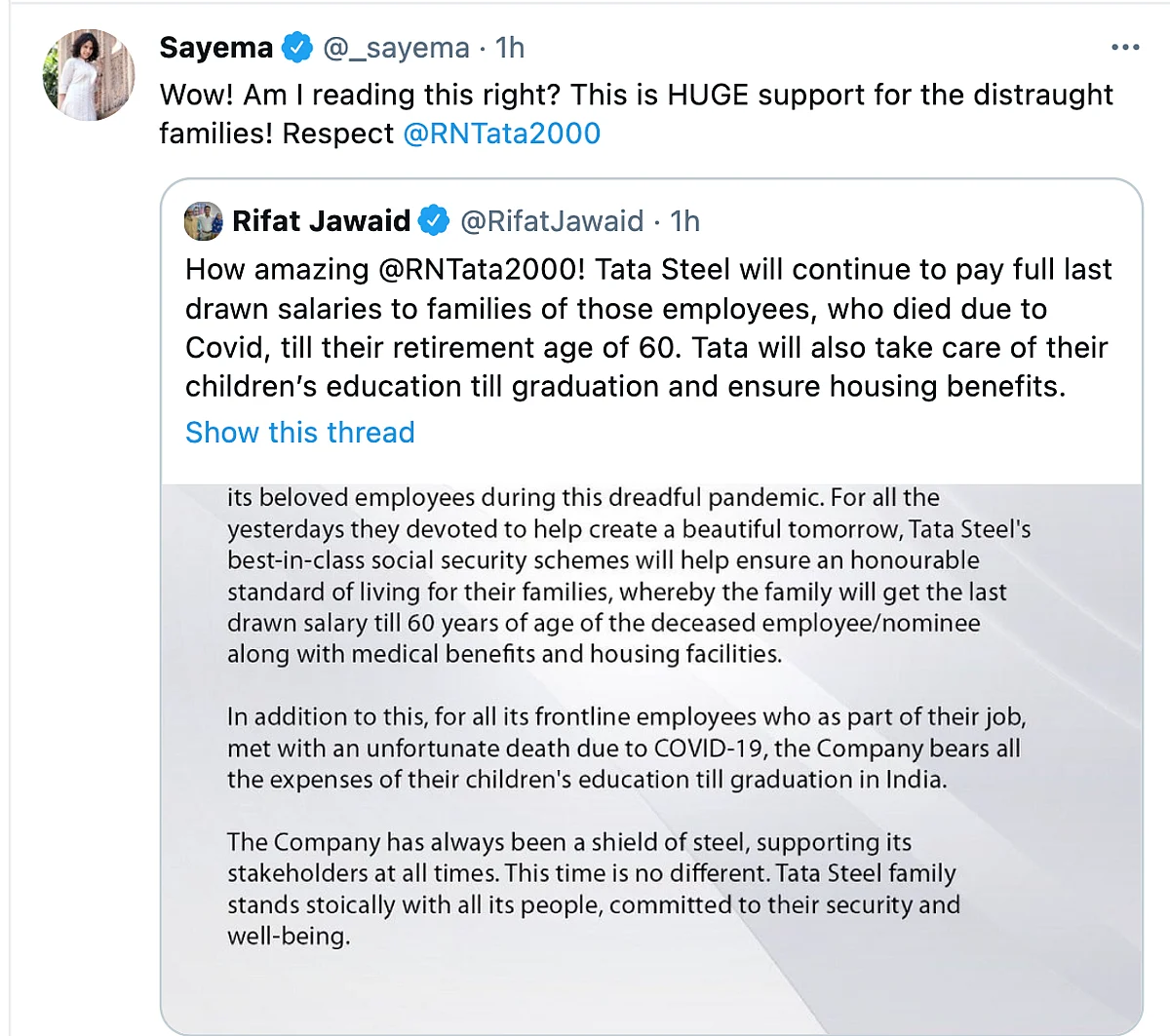 Tata Steel's New COVID-19 Healthcare Policy Wins Hearts on Twitter