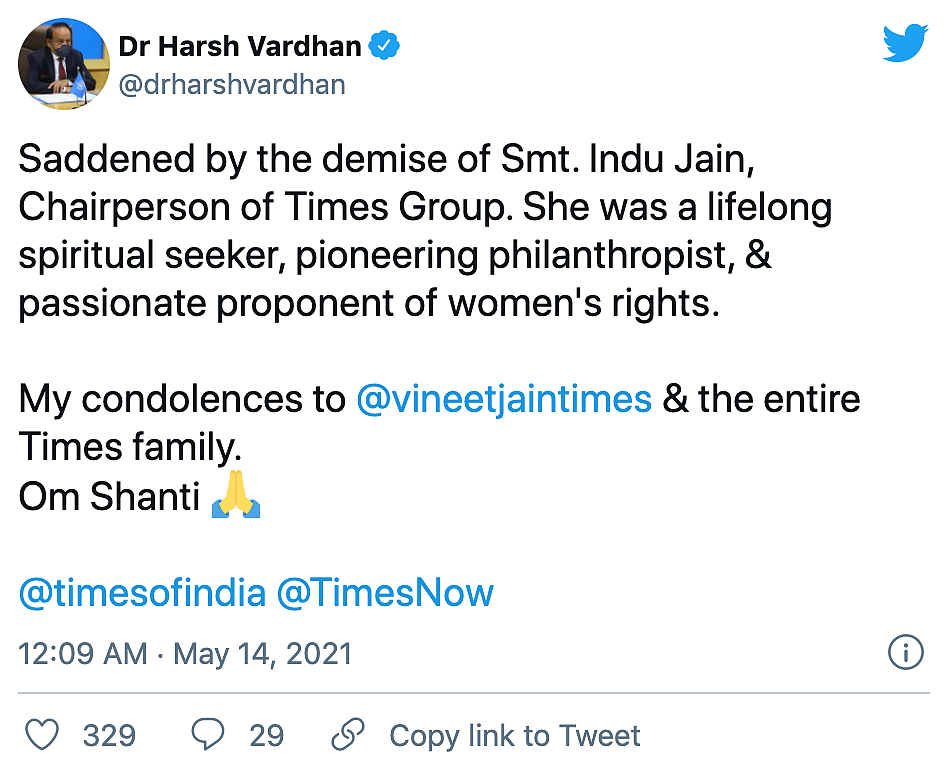 Times Group Chairperson Indu Jain Passes Away, Tributes Pour In