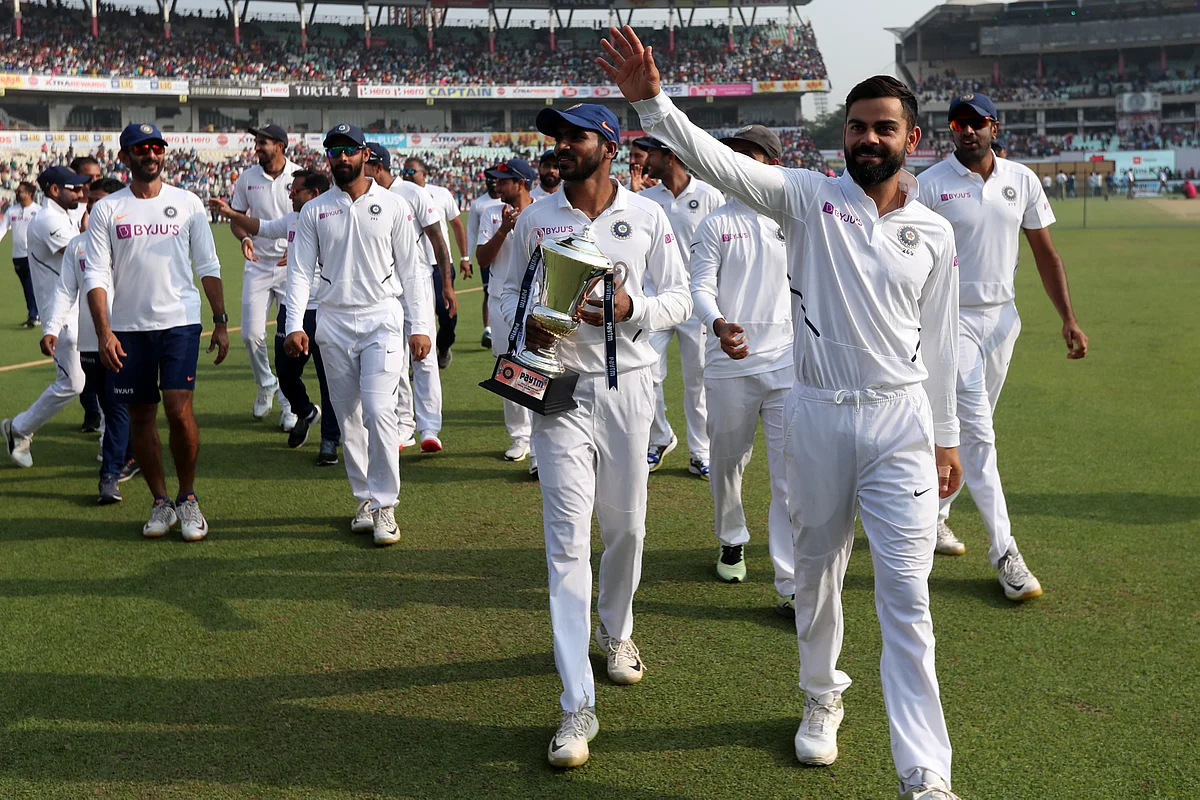 KS Bharat lifts the trophy as India clean sweep Bangladesh. 