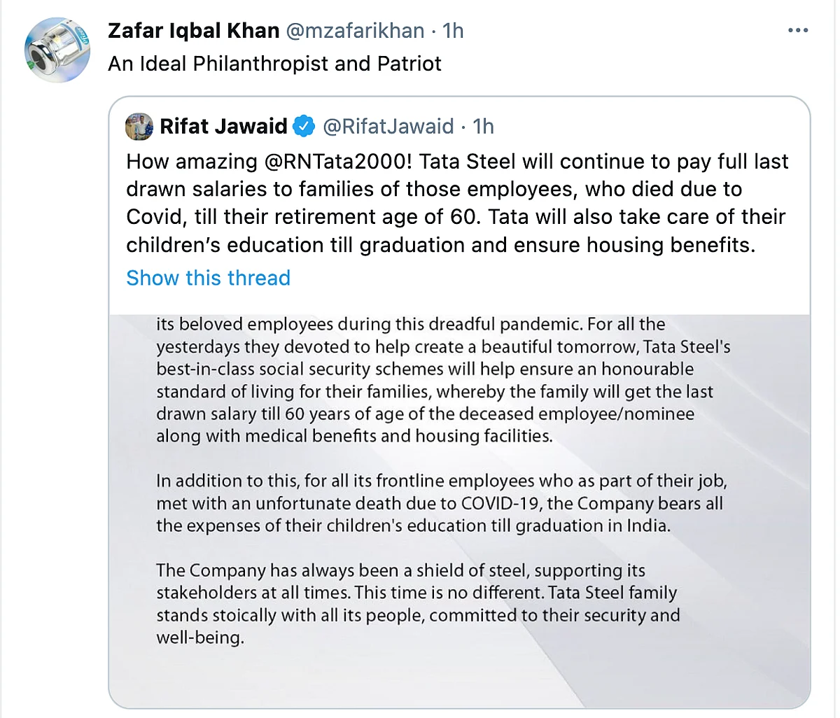 Tata Steel's New COVID-19 Healthcare Policy Wins Hearts on Twitter
