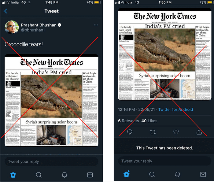After PM Narendra Modi broke down, an image is claiming to show New York Times’ published on Friday, in which crocodile can be seen with text, ‘India’s PM cried.’