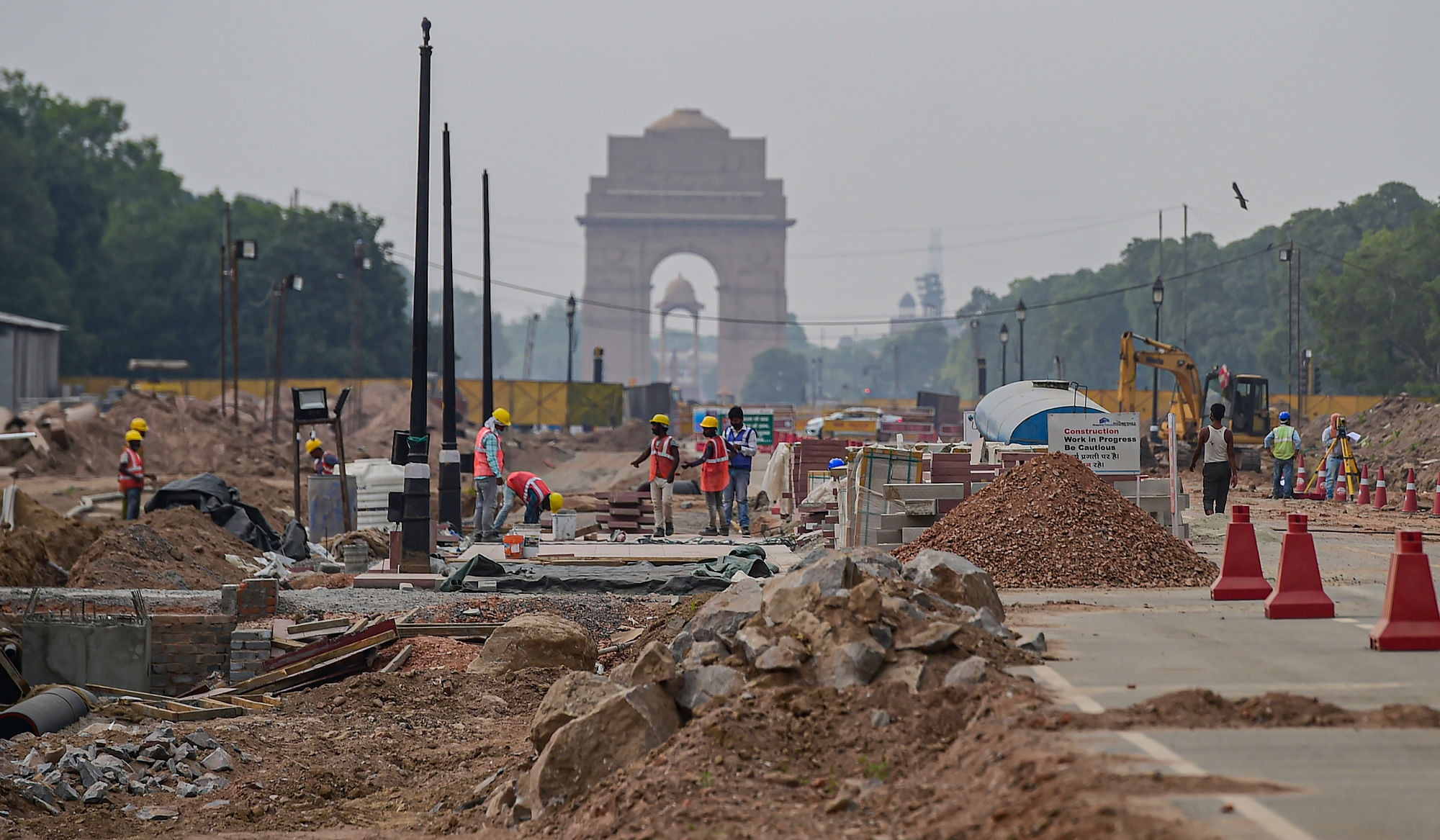 Construction work underway as part of the Central Vista Redevelopment Project at Rajpath in New Delhi on Thursday.