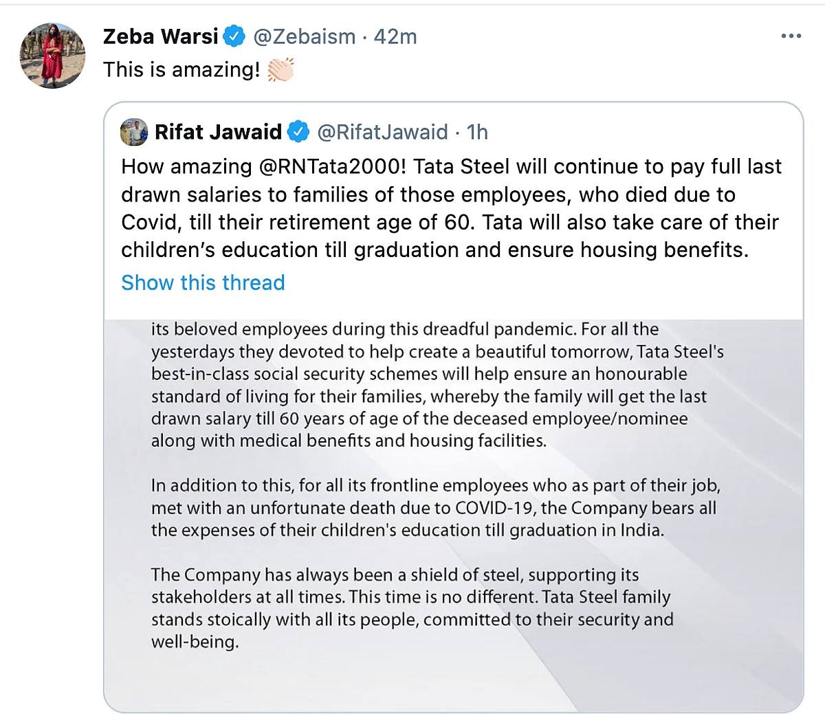 Tata Steel's New COVID-19 Healthcare Policy Wins Hearts on Twitter