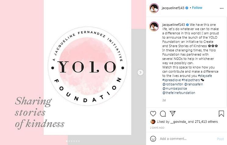 Her foundation 'You Only Live Once' has partnered with various NGOs to provide assistance during the pandemic