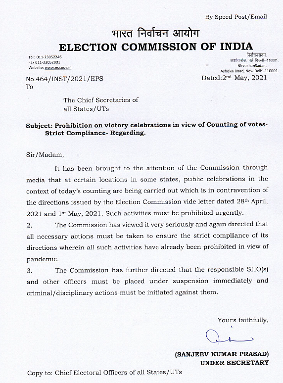 ‘Prohibit Victory Celebrations Immediately’: EC Writes to States