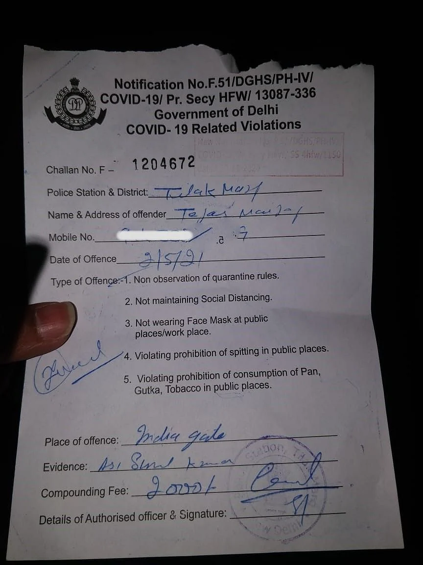 Copy of challan issued by Delhi Police.