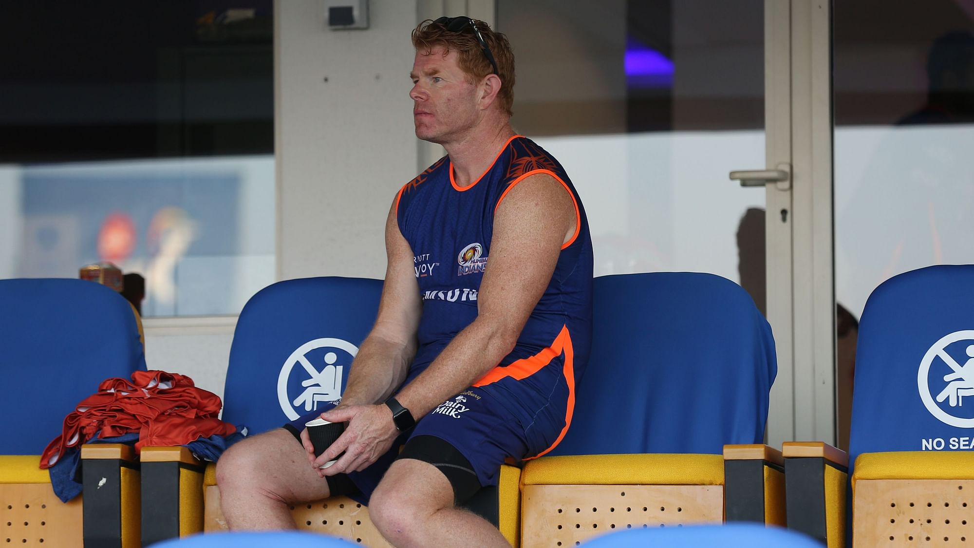 Mumbai Indians’ fielding coach James Pamment sitting in the dressing room.&nbsp;