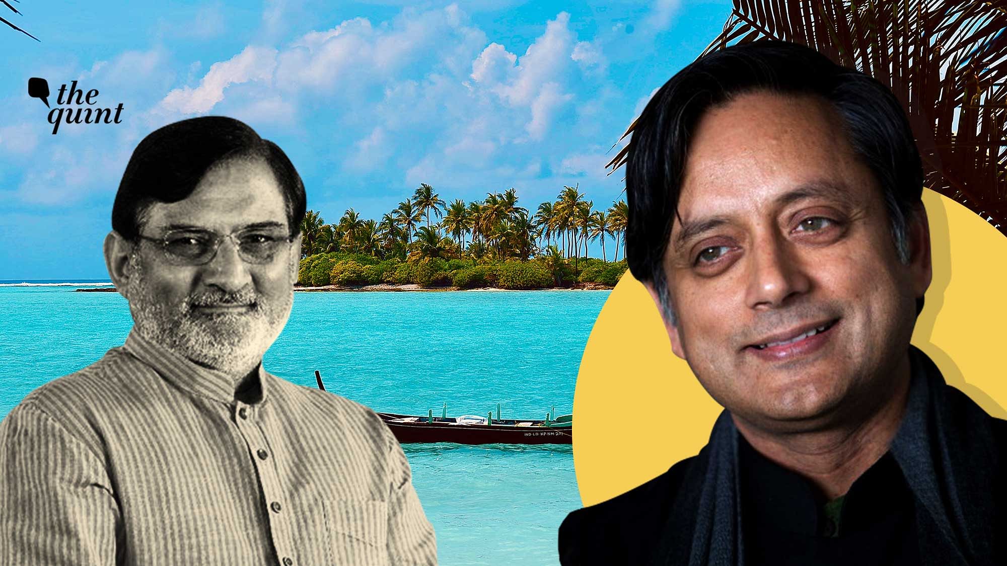 Image of Dr Shashi Tharoor (R) and Lakshadweep Administrator Praful Patel (L), against a background of an island in the Lakshadweep used for representation.