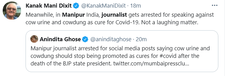 Manipur-based Kishorechandra Wangkhem was arrested for saying that cow dung and cow urine do not cure COVID-19