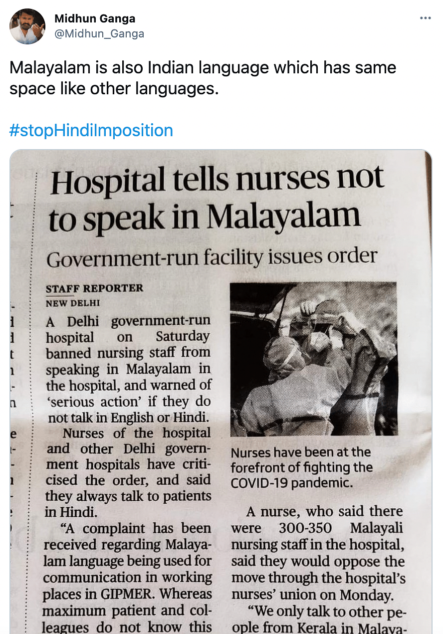 #StopHindiImposition trends on Twitter as nurses in Delhi were banned from speaking in Malayalam.