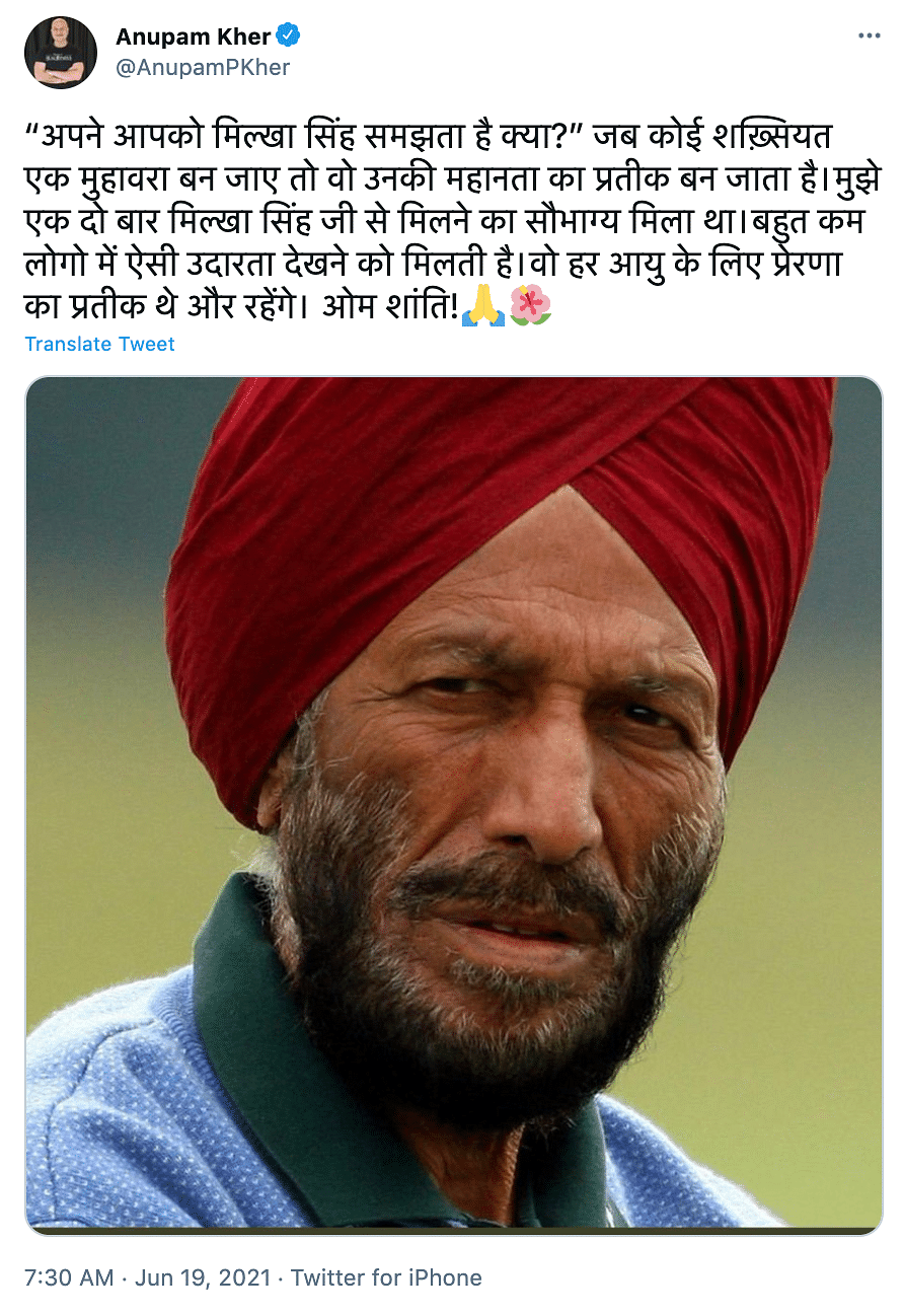 Several Bollywood celebrities took to social media to express grief over Milkha Singh’s demise.