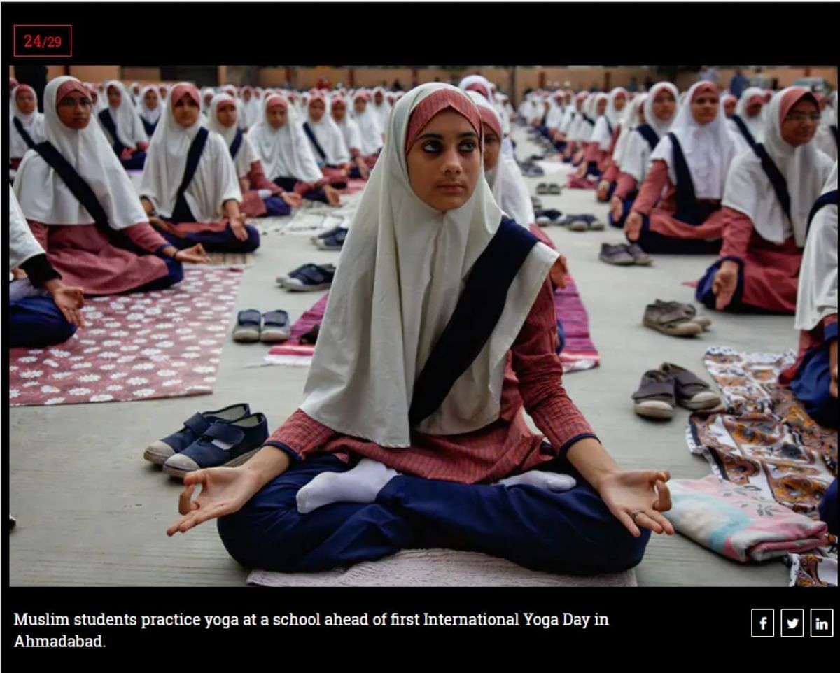 None of the pictures show yoga being practiced in Saudi Arabia. One is from Abu Dhabi and the other  from Ahmedabad.