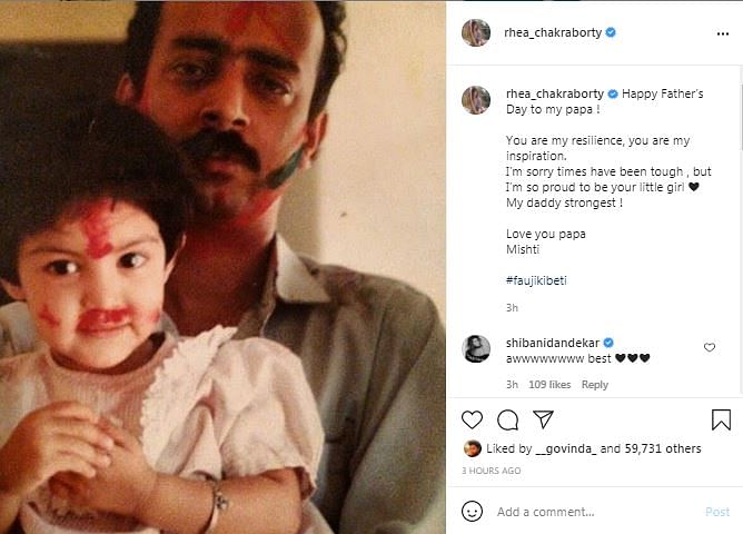 Rhea Chakraborty shared a throwback picture from her childhood wherein her father is holding her in his arms.
