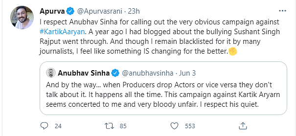 Earlier filmmaker Anubhav Sinha had tweeted that Kartik Aaryan losing films seems like a concerted campaign.