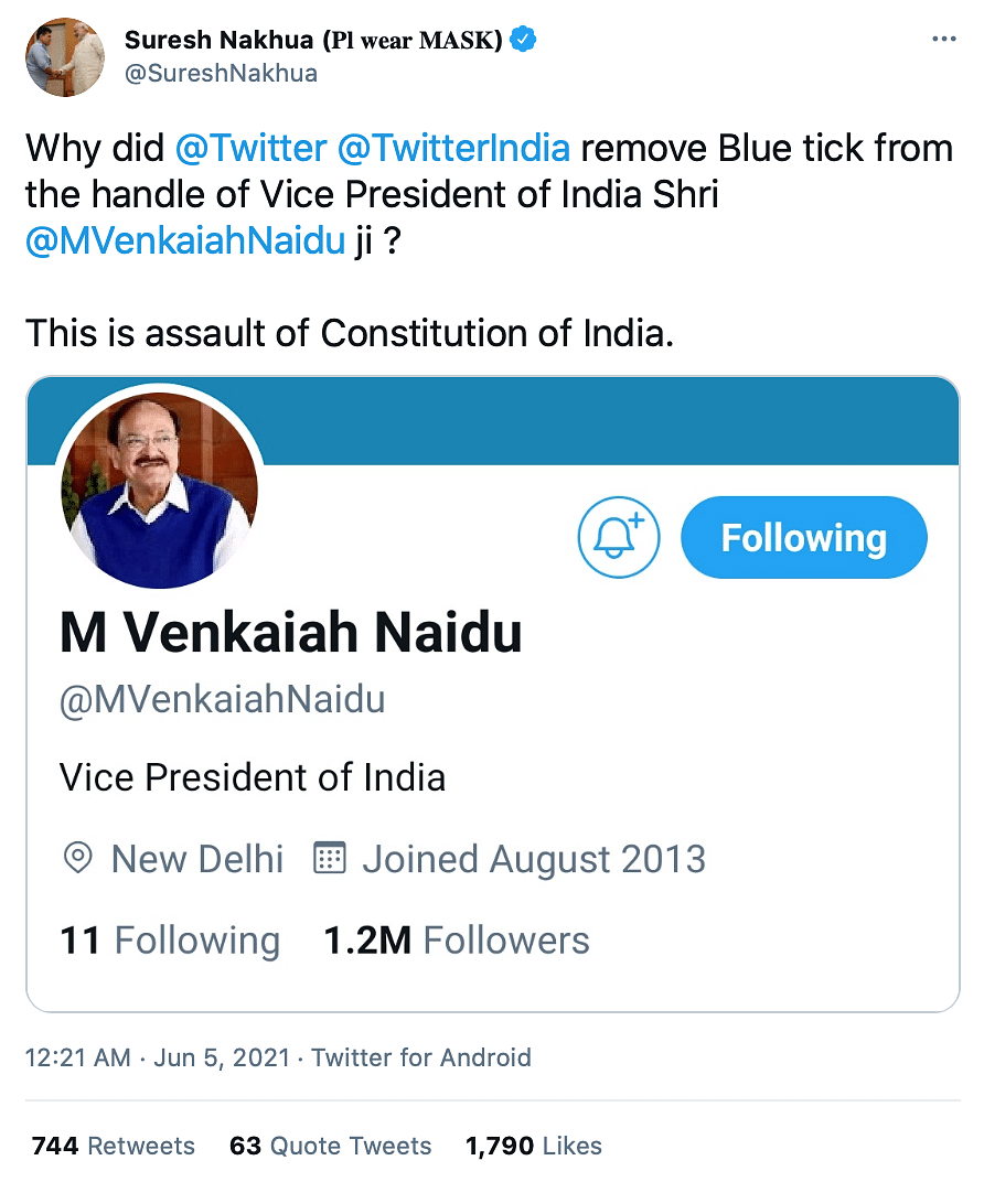 Twitter Drops Blue Tick from VP Naidu’s Account, Restores Later