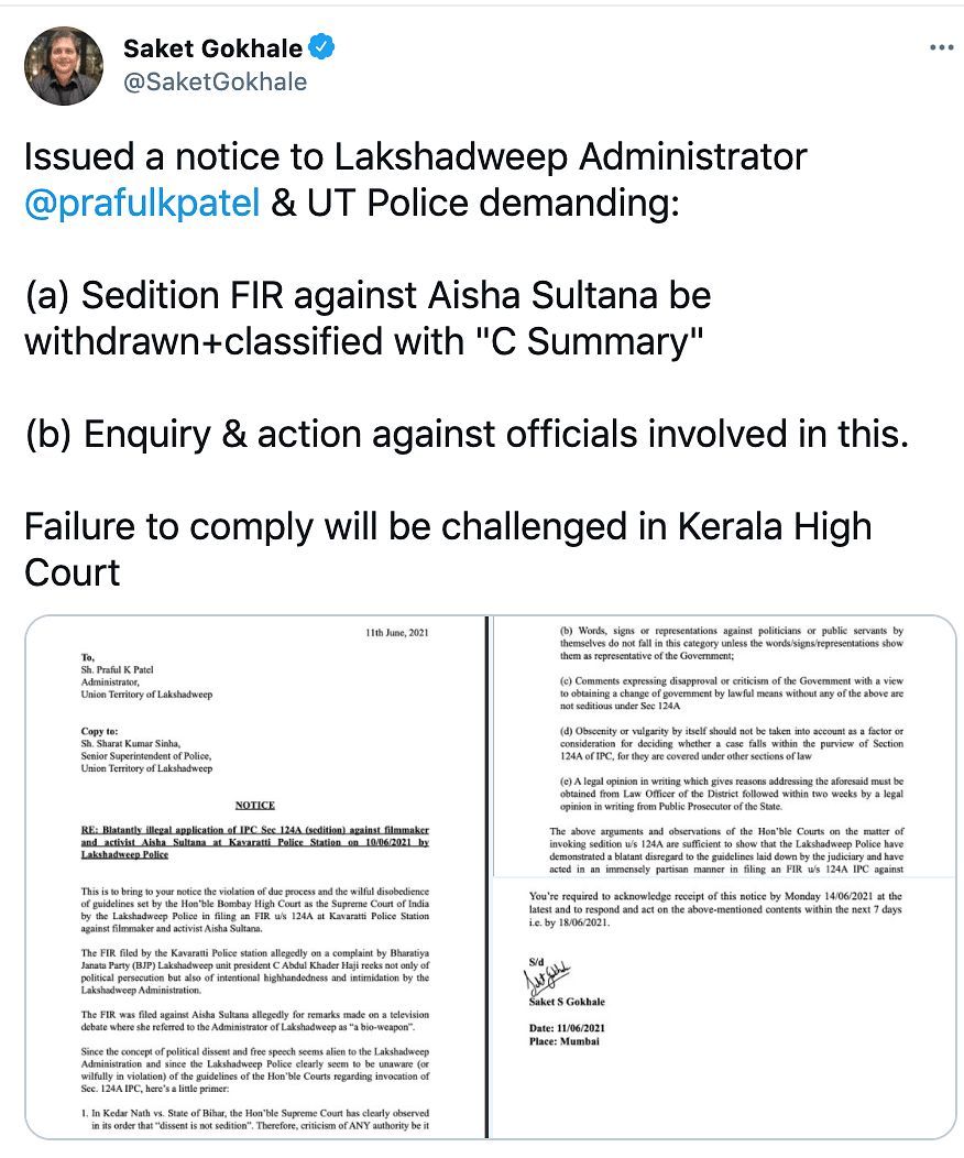 Support poured in for Lakshadweep actor Aisha Sultana, booked for sedition, for criticising the administrator.