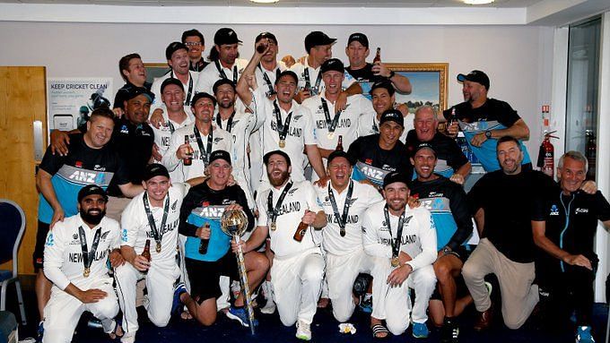 New Zealand celebrate after winning the World Test Championship final in Southampton against India.&nbsp;