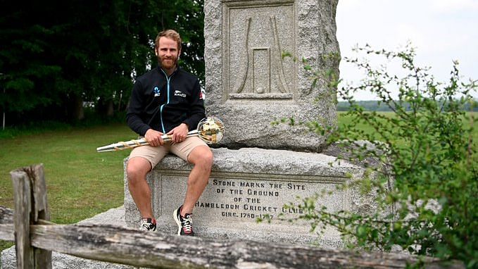 Kane Williamson with the ICC Test Mace at the iconic Hambledon Cricket Club