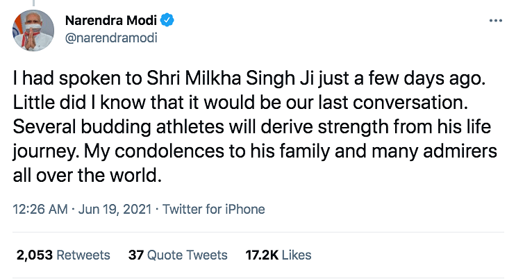 Home Minister Amit Shah, too, condoled Milkha Singh’s death on Twitter.