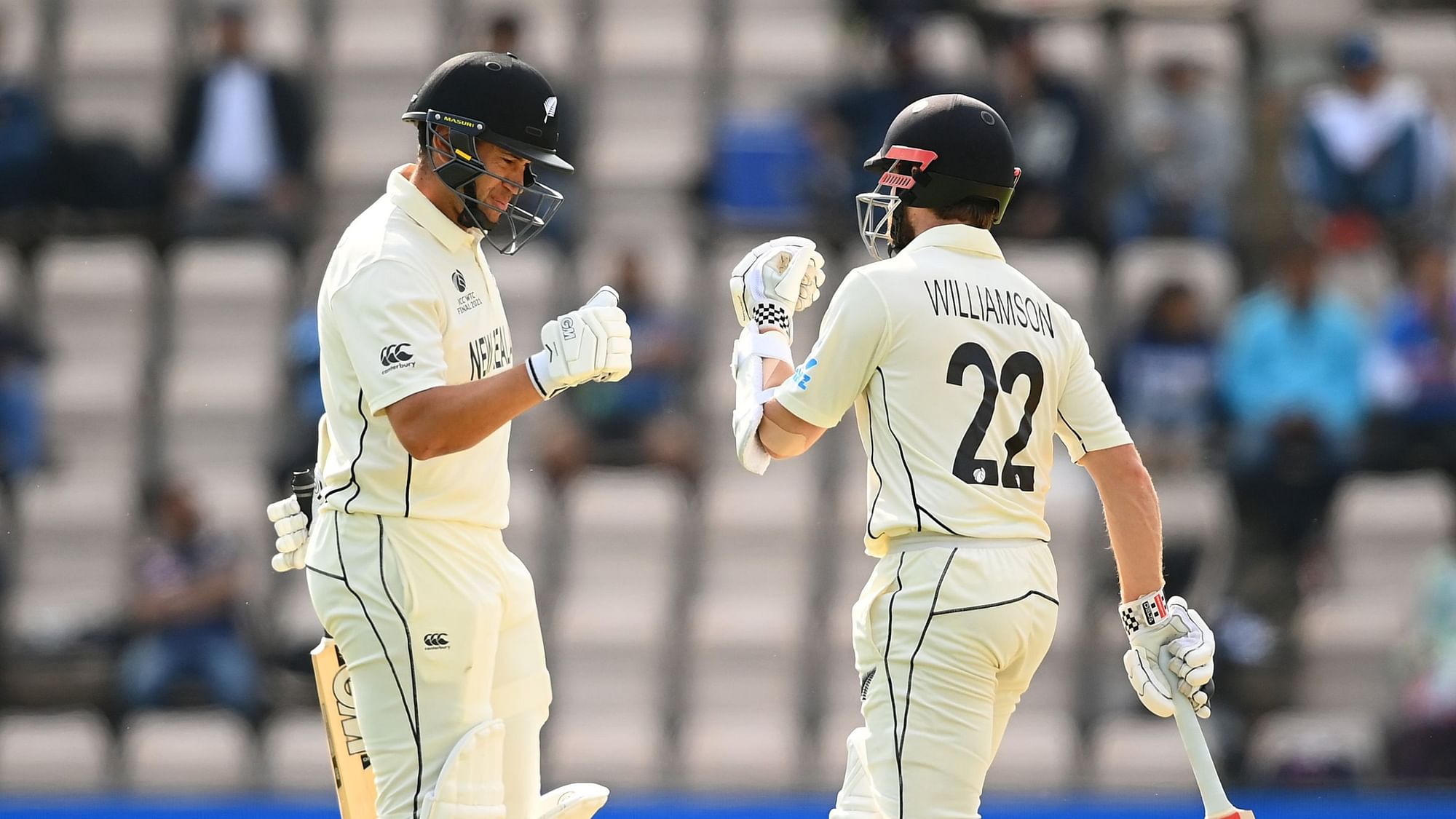 Ross Taylor and Kane Williamson share a light moment during their chase against India in the WTC Final.&nbsp;