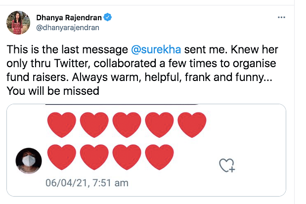 "Surekha Pillai was the best of almost all of us, true and funny, warm and real", wrote a Twitter user. 