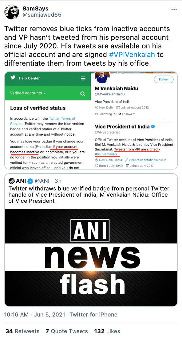 Twitter Drops Blue Tick from VP Naidu’s Account, Restores Later