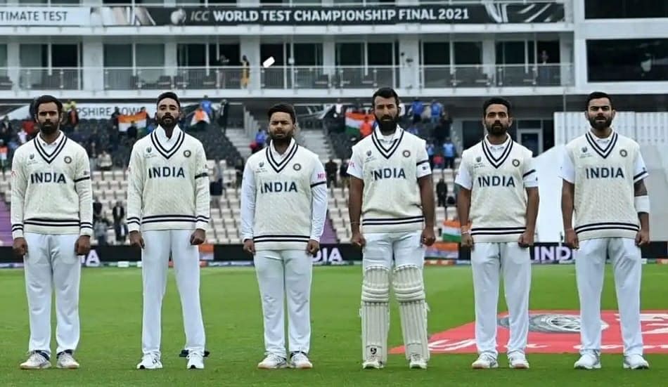 Indian team during the national anthem in the WTC Final against New Zealand.&nbsp;
