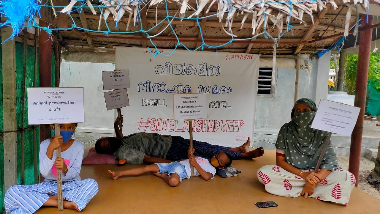 Adhering to  COVID-19 norms, people protested indoors, holding placards with strong slogans condemning the actions of the Lakshadweep administrator.