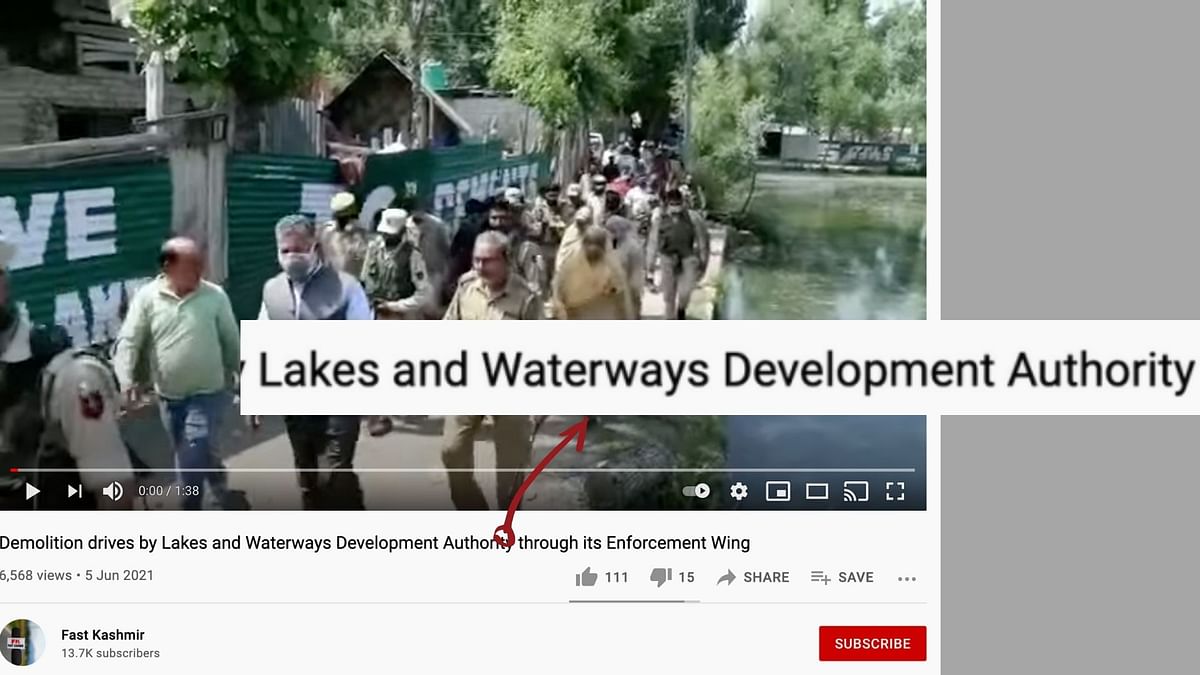 The video shows a demolition drive by Lakes & Waterways Development Authority to remove illegal construction.